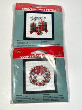 Set of 2 Plaid Counted Cross Stitch Holiday Ornament Kits Wreath and Presents